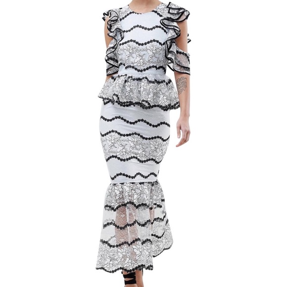 ASOS DESIGN Light Blue Premium Lace Midi Dress w/ Peplum Frill Hem Sz. 2 - Picture 1 of 11